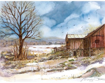 Red Barn Print - landscape watercolor art by Marji Stevens