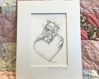 Jesus with Girl Matted Pencil Sketch Print by Marji Stevens