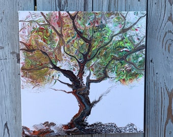 Multi-colored Tree Acrylic Painting, Original by Marji Stevens, 12" by 12",