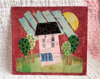 Mixed Media Print on Wood, Pink House, Whimsical Art