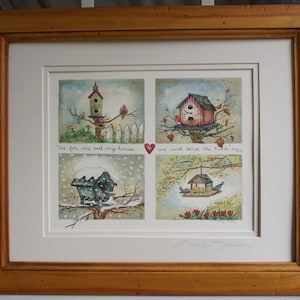 Four Seasons Birdhouse Watercolor Print - by Marji Stevens, Double Matted, Unframed