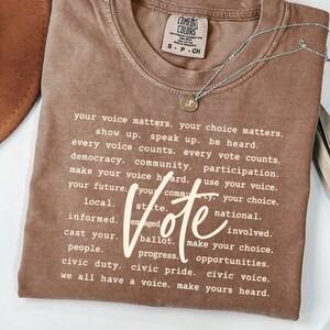 Vote Shirt, Literary Civic Essay Hand Lettered Vote Tee, Democracy Script Comfort Colors Tee, Civic Duty Gift For All First Time Voters