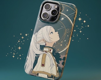 May include: A smartphone case featuring an anime-style illustration of a character with long white hair and pointed ears. The design includes gold-trimmed clothing, a circular celestial motif with stars, and a dark teal background with sparkles.