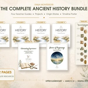 以下が含まれることがあります： Enqa MontessoriのComplete Ancient History Bundleには、4冊の教師用ガイド、プロジェクトブック、ストーリーブック、年表ポスターが含まれています。このセットは、9歳から12歳の児童向けの教育リソース272ページで構成されています。