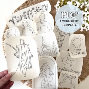 May include: A collection of white fabric patches featuring black line art embroidery designs including religious figures, a church building, floral patterns, a sun with the text Think Celestial, and an arm with the text Scripture Power. PDF EMBROIDERY TEMPLATE.