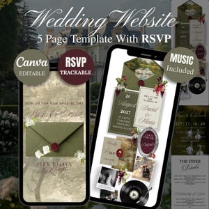 May include: A digital wedding website template featuring five pages with RSVP functionality. The design includes olive green envelopes, wax seals, floral accents, and text reading Wedding Website 5 Page Template With RSVP, Maria & David.