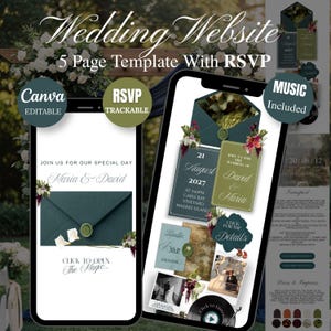May include: A digital wedding website template featuring five pages with RSVP functionality. The design displays dark green envelopes, floral accents, and text including Maria & David, August 21 2027, and Click to Open The Magic on smartphone screens.