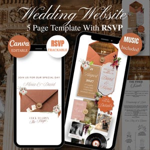 May include: A digital wedding website template featuring five pages with RSVP functionality. The design includes terracotta-colored envelopes, floral accents, and text reading Wedding Website, 5 Page Template With RSVP, Canva Editable, and Music Included.