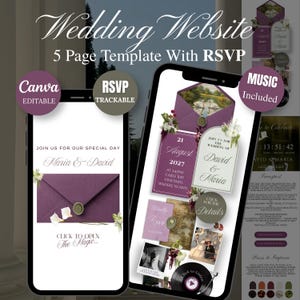 May include: A digital wedding website template featuring five pages with RSVP functionality. The design displays purple envelopes, floral accents, and text including "Wedding Website," "5 Page Template With RSVP," "Canva Editable," and "Music Included."