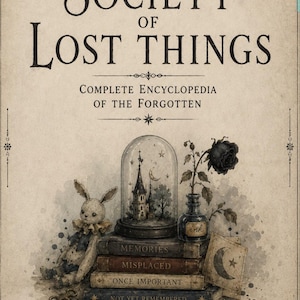 May include: A book cover titled The Society of Lost Things, Complete Encyclopedia of the Forgotten by Inkborn Fable. It features a stack of four books, a rabbit doll, a glass cloche with a castle, an ink bottle with a rose, and a moon card.