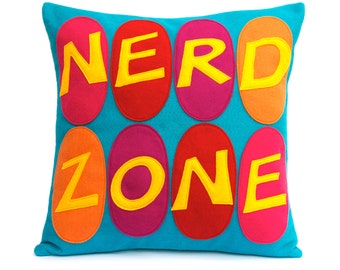 Nerd Zone- Appliqued Eco-Felt Pillow Cover in gold, orange, pink, red, fuchsia, and peacock - 18 inches