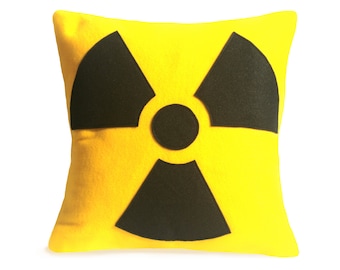 Radiation Hazard Warning - 18 inches - Bright Yellow and Black Eco-Felt Appliqued Throw Pillow Cover