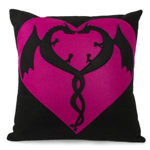 Dragon Love Appliquéd Eco Felt Pillow Cover in Black and Fuchsia 18 inches In Stock and Ready to Ship image 1