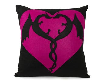 Dragon Love- Appliquéd Eco Felt Pillow Cover in Black and Fuchsia - 18 inches