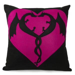 Dragon Love Appliquéd Eco Felt Pillow Cover in Black and Fuchsia 18 inches image 2