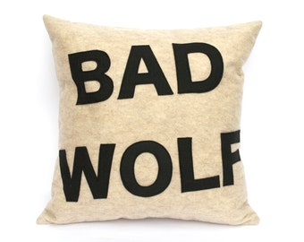 Bad Wolf- Appliqued Eco-Felt Pillow Cover in Stone and Black - 18 inches In Stock and Ready to Ship