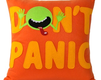 Don't Panic Pillow Cover - Appliquéd Gold and Orange Eco-Felt - Science Fiction Geek Decor
