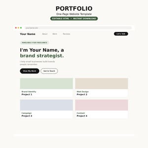 May include: A one-page website template titled PORTFOLIO featuring a navigation bar, a hero section with the text I'm Your Name, a brand strategist, and four project blocks labeled Brand Identity, Web Design, Campaign, and Content in pastel colors.