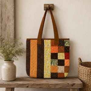 Garden Quilt Tote Bag, Green Floral Hexagon Shopper, Colorful Patchwork Shoulder Purse, Botanical Fabric Market Bag, Quilter Gift
