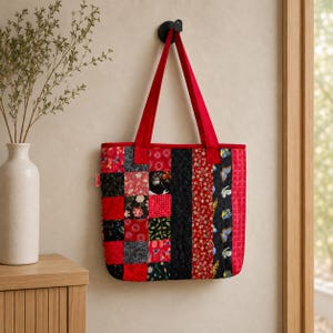 Garden Quilt Tote Bag, Green Floral Hexagon Shopper, Colorful Patchwork Shoulder Purse, Botanical Fabric Market Bag, Quilter Gift