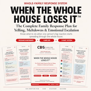 May include: A printed educational resource titled When The Whole House Loses It, featuring a family response system for managing yelling and meltdowns. The document includes a central guide, a cascade map, script cards, and a repair plan for families.