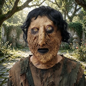 May include: A full-head mask featuring a textured, tan, warty complexion with a prominent nose, dark eye sockets, and bright yellow irises. The mask has short, messy black hair and a wide, dark mouth opening, worn over a tattered, dark brown tunic.