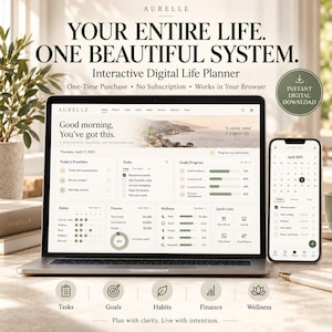 Aurelle | Digital Life Planner | Interactive HTML Planner | Task Manager | Goal Tracker | Habit Tracker | Budget Planner | Weekly Reset
