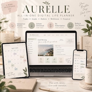 Könnte beinhalten: Ein digitaler Lebensplaner namens Aurelle, angezeigt auf einem Laptop, Tablet und Smartphone. Die Benutzeroberfläche enthält Bereiche für Aufgaben, Ziele, Gewohnheiten, Wellness und Finanzen sowie einen Kalender für den April 2025.
