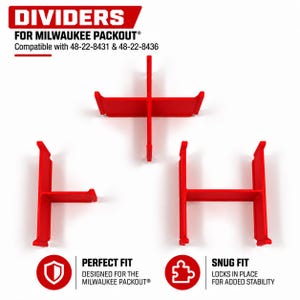May include: Three red plastic dividers for Milwaukee Packout storage systems, compatible with models 48-22-8431 and 48-22-8436. The text reads Dividers for Milwaukee Packout, Perfect Fit Designed for the Milwaukee Packout, and Snug Fit Locks in Place for Added Stability.