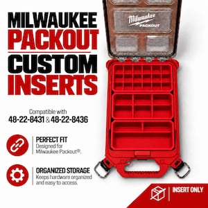 May include: A red custom storage insert for a Milwaukee Packout organizer, featuring multiple compartments for hardware. The text reads MILWAUKEE PACKOUT CUSTOM INSERTS, Compatible with 48-22-8431 & 48-22-8436, PERFECT FIT, ORGANIZED STORAGE, and INSERT ONLY.