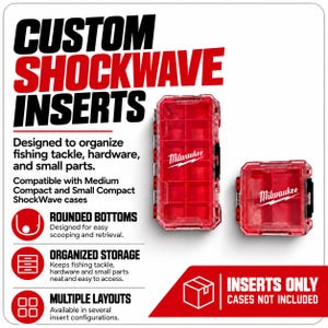 May include: Two red, transparent plastic storage inserts for Milwaukee Shockwave cases. The text reads CUSTOM SHOCKWAVE INSERTS, Designed to organize fishing tackle, hardware, and small parts. Compatible with Medium Compact and Small Compact Shockwave cases. INSERTS ONLY CASES NOT INCLUDED.