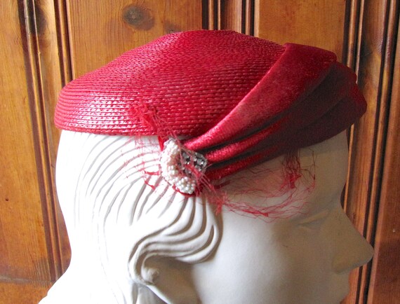 Red Cap with Beading and Netting - Marshall Field… - image 5