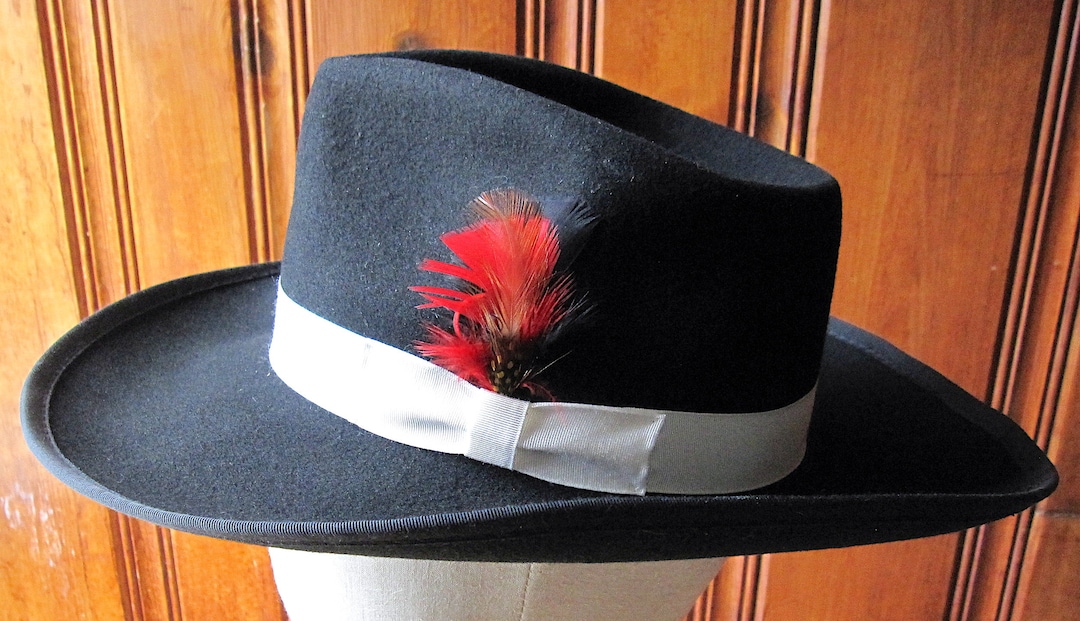 Black 100% Wool Fedora Made in USA Vintage Hat by HXC White