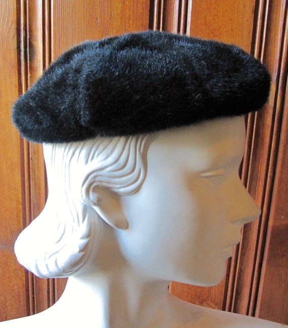 Black Winter Beret - Vintage Ladies' Fuzzy Black B