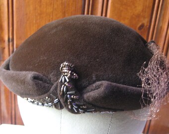 Brown Evening Cap - Vintage Ladies' Formal Hat with Beads and Netting - Paste Crystals - Art Deco Inspired Design - Peaked Front Cap