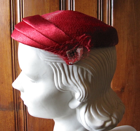 Red Cap with Beading and Netting - Marshall Field… - image 3