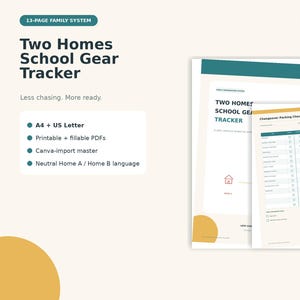 Könnte beinhalten: Ein 13-seitiges digitales Dokumentenset namens Two Homes School Gear Tracker. Die Seiten enthalten eine Changeover Packing Checklist mit Spalten für Artikel, Home A und Home B. Das Design ist cremefarben mit Akzenten in Petrol, Gelb und Koralle.