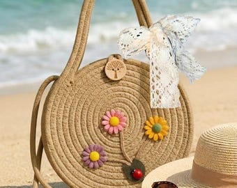 Borsa a tracolla rotonda in paglia intrecciata fatta a mano, stile boho da spiaggia con finiture in pizzo (20 cm)