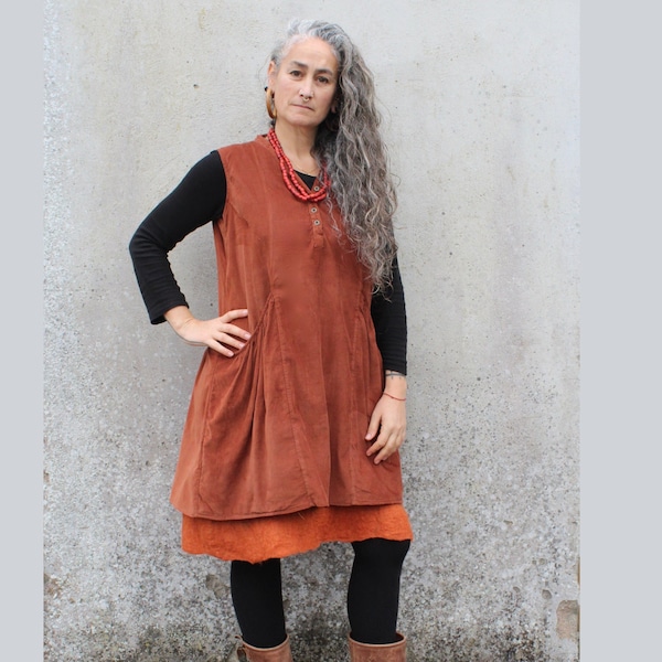 Robe smock orange rustique, robe d’hiver, haut tunique en velours côtelé, robe smock avec poches profondes, chemisier long Boho, vêtements terreux pour femmes