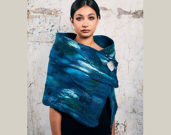 Hand made shawl , wool shawl , Nuno felt blue stole , handmade felted wrap