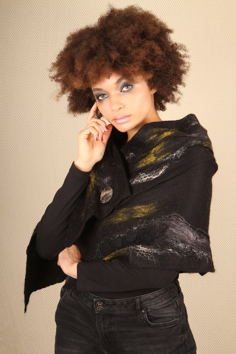 bespoke shawl , Black Nuno felted shawl , unique hand made wool shawl ,wool wrap stole image 3