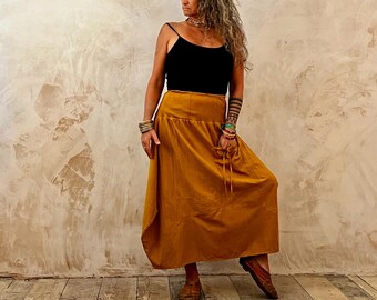 Mustard Yellow Linen Skirt, Full length hand dyed skirt, Elasticated waisted skirt, A-Line skirt , hand dyed skirt