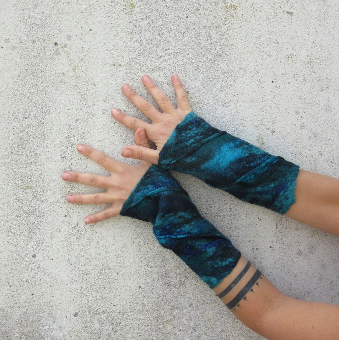Womens Wrist Warmers, Fairy Turquoise Gloves, Woodland Arm Warmers, Tribal Felt Cuffs for Her