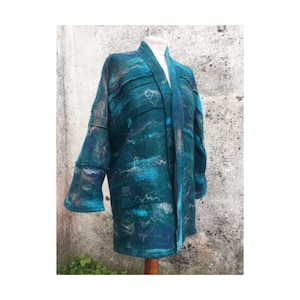 Merino Wool Duster Jacket, Mid-length Boho Coat, Teal Blue Nuno-Felt Jacket, Handgemaakte dameskleding, Een van een soort winterjas