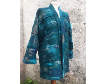 Merino Wool Duster Jacket, Mid-length Bohemian Coat, Teal Blue Nuno-Felt Jacket,  Handmade Women's Clothing, One of A Kind Winter Coat