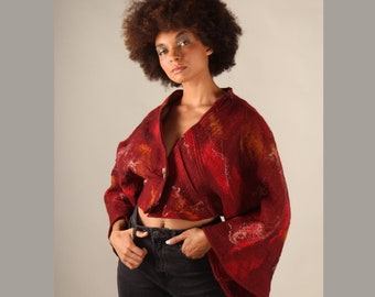 Nuno Felt Wool Jacket for Ladies, Handmade Red Jacket, Artsy Wide Sleeve Crop Jacket, free size jacket, Tribal Clothing, Short Boho Coat,