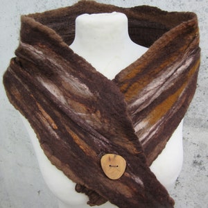 Brown Scarf, Handmade Stole, Nuno Felt Scarf, Scarves & Wraps, Scarf Accessories, Neck Scarf For Women, Merino Wool Scarf with Wooden Button image 3