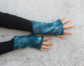 Blue Fingerless Gloves, Arm Warmers, Handmade Women’s Mittens, Teal Blue Silk Cuffs Gloves, Women's Full-Length Gloves, Gift for Mother