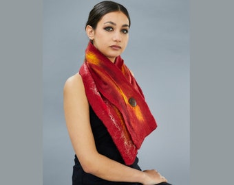 Red Felt Scarf, Merino Wool Scarf, Tribal Women's Wrap, Wearable Art, Nuno Felt Collar, Statement Women's Accessories