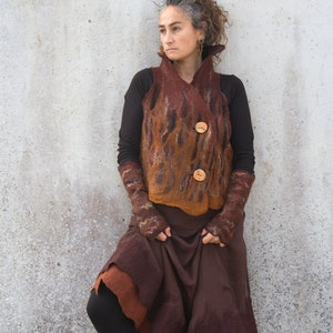 Earthy Brown Felt Waistcoat, Woodland Pixie Costume, Hand Made Nuno Felt Jacket, Elfnfelt, Tribal Women&#39;s Vest, Wearable Art, Bohemian Coat